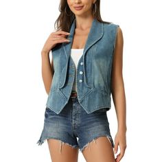 This retro denim jean vest is a timeless wardrobe staple that never goes out of fashion. Its classic design and distressed details add an effortlessly cool. The collar of this jean jacket adds a modern and sleek twist to the traditional denim jacket style. Measurement (in inches) International Size----------Chest----------Length----------Shoulder XS------------------------------37.0--------------23.2-------------------14.6 S--------------------------------38.6--------------23.6------------------ Denim Jacket Style, Sleeveless Jean Jackets, Womens Denim Vest, Denim Jacket Fashion, Timeless Wardrobe, Timeless Wardrobe Staples, Jean Vest, Jean Jacket Women, Casual Vest