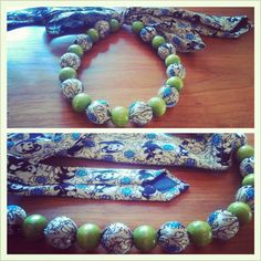 two pictures of the same necklace with green beads and blue flowers on it, one is made from fabric