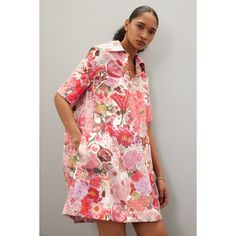 Pink floral cotton (100% Cotton Woven). Shirt dress. Short sleeves. Collar. Front button closure. 38.5" from shoulder to hemline. Imported. Shirt Dress Short, White Mules, Floral Shirt Dress, Rent The Runway, Closet Designs, Dress Short, Floral Shirt, Pink Print, Cotton Weaving