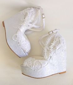 White Lace Wedding Wedge Sandals - Etsy Lace Wedges Shoes, Wedge Sandals Wedding, Wedding Shoes Sneakers, Bridal Wedges, Boho Wedding Shoes, Wedding Wedges, Lace Wedges, Lace Sandals, Wedding Shoes Lace