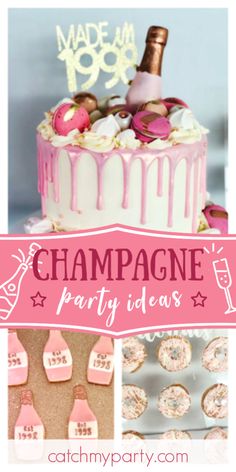 champagne party ideas with pink icing and white frosting on cake, cupcakes and