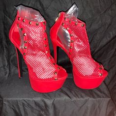 Athena Red Studded Mesh Stilettos These Are New Without Tags But The Zipper Pulls On The Size 10s Do Look Worn Red Round Toe Heels For Party, Red Open Toe Heels For Evening, Glamorous Red Open Heel Heels, Red Open Toe Heels With 4-inch Heel, Red Closed Toe Heels For Party, Party Open Toe Heels With Red Sole, Red Heels With Red Sole For Night Out, Red Platform Heels For Evening, Red Heels For Night Out