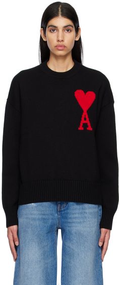 Knit virgin wool sweater. · Rib knit crewneck, hem, and cuffs · Intarsia logo at front Supplier color: Black/Red