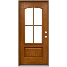 a wooden door with glass on the front and side paneled in light brown wood