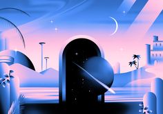 an image of a sci - fi scene in blue and pink with palm trees on the horizon