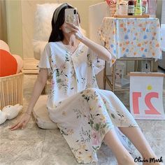 Olivia Mark - Soft Silk Nightgown Short Sleeve Home Slumber Wear Silk Nightgown Short, Nightgown Short, Blue Spring Flowers, Silk Loungewear, Lingerie Cute, Silk Nightgown, Night Dress For Women, Crewneck Dress, Spring Flower