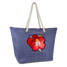 WOMEN'S STRAW BEACH TOTE WITH SEQUIN FLOWER PATCH Size: one size. Color: Blue. Gender: female. Age Group: adult. Casual Blue Shoulder Bag With Floral Print, Casual Blue Floral Print Shoulder Bag, Flower Shaped Shoulder Bag For Vacation, Blue Casual Bags For Vacation, Casual Blue Bags For Vacation, Casual Floral Print Beach Bag For Travel, Casual Blue Beach Bag For Vacation, Casual Floral Print Bags For Vacation, Summer Beach Bag With Floral Print