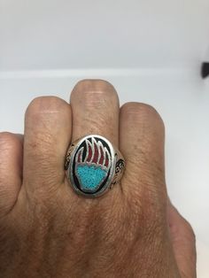 Vintage Southwestern gemstone inlay silver white bronze men's ring. White bronze wears like sterling. Genuine stones hand inlaid in the USA. Sizes 8-14 available please let us know what size you need. My jeweler can custom re size for $20 service fee. Please check out our THOUSANDS of customer reviews Artisan Silver Turquoise Ring With Inlay, Traditional Silver Turquoise Ring With Inlay, Sterling Silver Inlay Jewelry, Hello Darlin, Native American Turquoise Ring, Paw Ring, Survival Hacks, Americana Vintage, Bear Paw