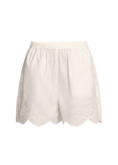 "Find LOULOU STUDIO Aurora Broderie Anglaise Scallop Shorts on Editorialist. Loulou Studio \"Aurora\" shorts in broderie anglaise embroidery Elasticized waistband Straight legs Mid-thigh length Scallop hem Step-in style Cotton Imported" Elegant Broderie Anglaise Bottoms For Spring, Elegant White Broderie Anglaise Bottoms, Elegant White Bottoms With Broderie Anglaise, Spring Broderie Anglaise Bottoms For Daywear, White Feminine Bottoms For Daywear, White Bottoms With Cutwork Hem For Summer, White Bottoms With Cutwork Hem For Spring, Feminine Off White Summer Bottoms, Feminine Off White Bottoms For Summer