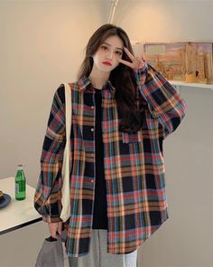 Collared Long sleeves Plaid Perfect layering piece Good for smart casual wear Blazer Suit Women, Kpop Shirts, Flower Print Shirt, Fashion Chingu, Tie Waist Shirt, Smart Casual Wear, Korean Fashion Women, Vintage Plaid, Long Sleeve Plaid