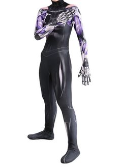 a woman in a black and purple body suit