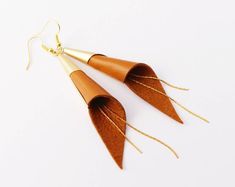 Cone genuine leather earrings - gold plated jewelry - Brown and gold earrings - modern earrings - we Party Leather Dangle Earrings, Gold Leather Dangle Earrings, Elegant Leather Earrings As Gift, Elegant Leather Earrings For Gift, Elegant Leather Earrings Perfect For Gifts, Elegant Leather Earrings With Ear Wire, Gold Leather Earrings For Gift, Elegant Leather Dangle Earrings, Jewellery Elegant