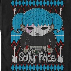 Join Sal Fisher, aka Sally Face as he and his friends investigate local murders in the exciting indie adventure game created by Portable Moose, Sally Face! This Men's Sally Face Sweater Print Graphic T-Shirt features an ugly Christmas sweater design with a guitar pattern and Sal Fisher playing on his Super Gear Boy. Get some new Sally Face apparel today and join the boy with the prosthetic face on his next investigation! Sally Face Christmas, Prosthetic Face, Sally Fisher, Fran Bow, Face Gear, Christmas Sweater Design, Sally Man, Sal Fisher, Guitar Patterns