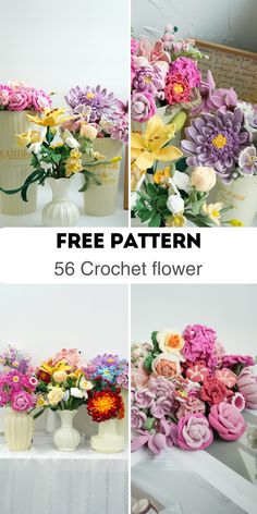 four different images with flowers in vases and the text free pattern 56 crochet flower