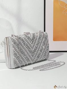 Bird in Bag - Exquisite White Wedding Clutch for Women, adorned with Artificial Pearls & Rhinestones, featuring a Box-Shaped Design, perfect for Evening Affairs, Parties, Bridal Events, with Chain Strap Silver Beaded Bridal Accessories For Party, Silver Rhinestone Bridal Accessories For Formal Occasions, Glamorous Crystal Bridal Accessories For Party, Formal Silver Bridal Accessories With Rhinestones, Crystal Bridal Accessories With Rhinestones For Party, Silver Crystal Bridal Accessories For Party, Crystal Rhinestone Bridal Accessories For Party, Elegant Beaded Bridal Accessories For Party, Evening Bridal Accessories With Rhinestones