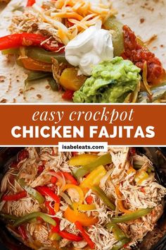 easy crockpot chicken fajitas with peppers, green beans, and shredded cheese