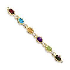 Diamond & Multicolor Gemstone Bracelet 14k Yellow Gold (9.62ctw) Luxury Gemstone Jewelry With Rectangular Stone, Luxury Gemstone Chain Bracelet In Fine Jewelry Style, Luxury Gold Stackable Gemstones, Luxury Diamond Gemstone Bracelet For Formal Occasions, Luxury Multi-stone Statement Bracelets, Luxury Gemstone Accents Bracelets, Luxury Multi-stone Bracelets, Luxury Yellow Gold Bracelet For May Birthstone, Luxury Multicolor Gemstone Cuff Bracelet