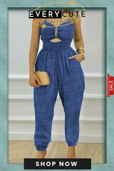 Blue Sexy Casual Solid Hollowed Out Backless Spaghetti Strap Skinny Jumpsuits High-waist Jumpsuits And Rompers With Pockets For Beach, High Waist Jumpsuits And Rompers With Pockets For Beach, Summer Blue Jumpsuits And Rompers With Suspenders, Beach High Waist Jumpsuits And Rompers With Pockets, Casual Blue High-waisted Strapless Jumpsuit, Casual Blue High Waist Strapless Jumpsuit, Blue High Waist Strapless Jumpsuit For Summer, Casual Blue Strapless Jumpsuits And Rompers, Trendy Blue Strapless Jumpsuits And Rompers