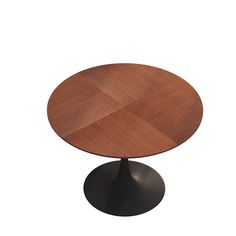 a round wooden table with metal base on an isolated white background for use in interior design