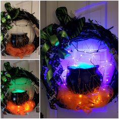 four different pictures of a wreath with lights on it and some decorations around the wreath