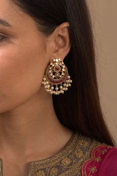 18kt gold plated 92.5 silver chandbalis with vellore polki, semi precious ruby and freshwater pearl embellishments. - Aza Fashions Temple Jewelry Chandbali Bridal Earrings In Yellow Gold, Bollywood Style Yellow Gold Cutdana Earrings, Bollywood Style Bridal Earrings In Yellow Gold, Yellow Gold Kundan Chandbalis With Tilla Details, Gold Plated Chandbali Bridal Earrings For Reception, Fusion Style Chandbalis With Cutdana For Reception, Fusion Style Cutdana Chandbalis For Reception, Fusion Style Reception Chandbalis With Cutdana, Ruby Chandbali Earrings With Latkans