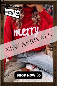 Red Merry Letter Embroidered High Neck Sweater Bat Sleeve, High Neck Sweater, Winter Sweaters, Ladies Tops Fashion, Neck Sweater, Christmas Sweaters, Bat, High Neck, Sweaters For Women