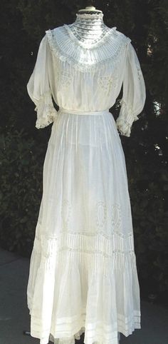 Original Victorian 2pc. Cotton Batiste Gown Elaborate Workmanship Tucking / Lace Small Size Item 113 Victorians - Etsy Elegant Wedding Dress With Yoke Detail, Elegant Wedding Dress With Yoke, Elegant Ceremonial Dress With Intricate Embroidery, Formal Silk Dress With Lace Work, Classic Victorian Wedding Dress With Fitted Bodice, Fitted Silk Dress With Lace Work, Elegant White Ceremonial Dress, White Regency Style Vintage Dress For Formal Occasions, Silk Wedding Dress With Historical Design