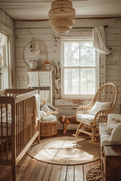 a baby's room with a crib and rocking chair