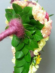 a bunch of flowers with green leaves and purple stems on it's end, in front of a gray background