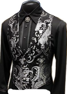 Shrine of Hollywood ARISTOCRAT VEST - BLACK/SILVER TAPESTRY formal goth gothic Men's Vests silver steampunk tapestry vampire vest victorian wedding Gothic Black Sleeveless Vest, Classic Black Vest For Party, Classic Black Party Vest, Formal Fitted Black Vest, Black Fitted Formal Vest, Classic Fitted Party Vest, Black Fitted Vest For Formal Occasions, Elegant Fitted Black Vest, Fitted Elegant Black Vest