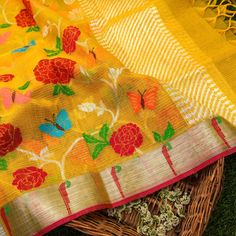 Gamboge Yellow Handwoven Real Zari Kota Silk Jaal Dupatta - Khinkhwab Kota Silk Saree, Lightweight Fabric, Pure Cotton, Color Variations, Hand Weaving, Weaving, Saree, Pure Products, Silk