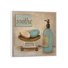 a painting of soap and toiletries on a shelf next to a sign that says soothe