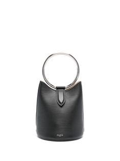 black calf leather logo stamp to the front ring handle main compartment suede lining silver-tone hardware concealed magnetic fastening This item is in size UNI and the color is Black Alaia Bag, Stylish Logo, Compact Bag, Mini Bucket Bags, Latest Bags, Ring Handle, Marc Jacobs Bag, Leather Bucket Bag, Leather Bucket