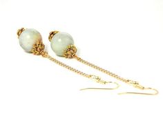 Semi Precious Amazonite Ball Drop Gold Dangle Statement Earrings Clip On Optional Elegant Latkan Earrings With Round Beads, Elegant Latkans Earrings, Elegant Brass Earrings With Dangling Beads, Elegant Round Crystal Earrings With Dangling Beads, Drop Statement Earrings, Amazonite Stone, Ball Drop, Gold Statement Earrings, Earrings Clip