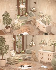 there are two pictures of a living room with teddy bears and other furniture in it