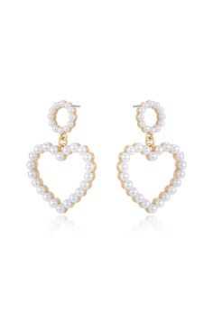 Faux pearls outline this heart drop earring for a classic & vintage-inspired touch! 18k gold plated Zinc Acrylic Pearls Length: 1.95 Inches Width: 1.3 Inches Surgical Steel Posts Heart-shaped Pearl Earrings For Formal Occasions, Valentine's Day Party Pearl Chain Jewelry, Valentine's Day Party Jewelry With Pearl Charm, Gold Dangle Pearl Earrings For Valentine's Day, Valentine's Day Dangle Pearl Earrings For Party, Elegant White Metal Heart Earrings, Valentine's Day Pearl Earrings For Party, Valentine's Day Pearl Party Earrings, Valentine's Day Party Pearl Earrings