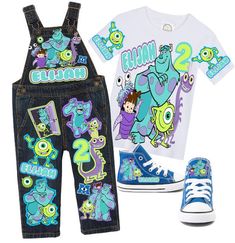 two children's clothing items including shoes, t - shirt and jeans with monsters on them