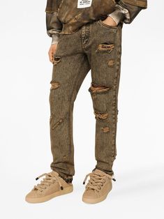 Dolce & Gabbana Ripped-Detail Acid-Wash Jeans | Sendegaro Dolce And Gabbana Jeans, Detailing Logo, Latest Fashion Design, Acid Wash Jeans, Cotton Jeans, Leather Cap, Dolce E Gabbana, Denim Cotton, Ripped Denim