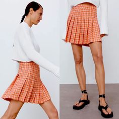 Zara Tweed Pleated Structured Mini Skirt High Waist Orange/White New High-Waisted Short Skirt. Finished With Box Pleats. Side Hidden In-Seam Zip Closure. Brand New With Tags. Zara Pleated Skirt, High Waisted Short Skirt, Plaid Pleated Mini Skirt, Zara Tweed, Twirl Skirt, Textured Skirt, Skirt High Waist, Suede Mini Skirt, Zara Skirts