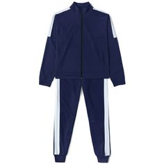 The two tone striped track jacket features elastic ribbed cuffs, split kangaroo pouch pockets, and two inner pockets. The striped track pants feature elastic ribbed ankle cuffs, pockets on either side as well as a single rear pocket, and a white drawstring enclosure. Size: M.  Color: Blue.  Gender: male.  Age Group: adult. Plus Size Tracksuit, Casual Sport Outfit, Womens Athletic Outfits, Soft Joggers, Athleisure Women, Track Suit Men, Tracksuit Set, Oversized Jacket, Ankle Cuffs