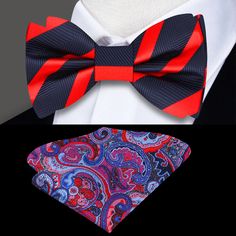 Step Up Your Style with our Dark Blue, Red, and Black Striped Silk Bow Tie Ready to make a bold statement? Our silk bow tie, featuring a sophisticated dark blue, red, and black stripe pattern, is the perfect accessory to add a touch of elegance to your ensemble. Crafted with premium silk and showcasing a timeless design, this bow tie is sure to elevate your look and turn heads wherever you go. Versatile Options for Every Occasion Available as a single bow tie, you can choose to tie your own bow Black Bow Tie With Butterfly Knot For Business, Red Ties For Black-tie Events, Black Butterfly Knot Bow Tie For Business, Black Ties As A Summer Gift, Classic Red Bow With Ties, Red Butterfly Knot Bow Tie For Black Tie Events, Red Bow Tie For Black Tie Occasions, Red Bow Tie For Black Tie Events, Red Suit And Tie Accessories For Party