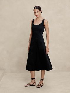 Cotton-Satin Midi Dress | Banana Republic Factory Formal Cotton A-line Midi Dress, Classic A-line Satin Dress, Elegant Satin Square Neck Dress For Spring, Elegant Cotton Workwear Dresses, Classic Cotton Dress For Formal Occasions, Elegant Cotton Dress For Work, Classic Cotton Formal Dress, Elegant Fitted Cotton Dress, Chic Square Neck Satin Dress For Formal Occasions