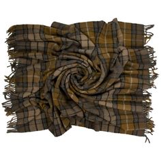 a brown and black plaid scarf with fringes