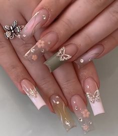 Mind Palace, Grunge Nails, Classy Acrylic Nails, Soft Nails, Butterfly Nail, Pink Acrylic Nails, Square Acrylic Nails, Coffin Nails Designs, Funky Nails