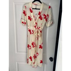 Never Worn, Tags On. Wrap Style With Flowers. Spring Holiday Midi Dress, Red Midi Dress For Daywear In Spring, Button Down Denim Dress, Ganni Dress, Satin Wrap Dress, Draped Midi Dresses, Purple Midi Dress, Georgette Dress, Midi Wrap Dress