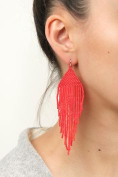 Front view of Allie Earrings Colorful Beads Long Drop Beaded Earrings, Colorful Beads Long Drop Earrings, Colorful Beaded Long Drop Earrings, Handmade Red Long Drop Jewelry, Bohemian Beaded Coral Earrings, Coral Beaded Drop Earrings, Coral Beaded Earrings For Gifts, Red Chandelier Earrings With Dangling Beads, Red Long Drop Earrings With Dangling Beads