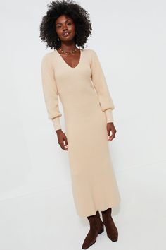 Almond Knit Anya Midi Dress | Hyacinth House Beige Knit V-neck Midi Dress, Elegant V-neck Sweater Dress For Brunch, Beige V-neck Stretch Sweater Dress, Beige V-neck Sweater Dress With Stretch, Beige Stretch V-neck Sweater Dress, Fitted Midi Dress With Balloon Sleeves For Fall, Chic Balloon Sleeve Midi Dress For Fall, Long Bodycon Sweater Dress, Chic Long Bodycon Sweater Dress