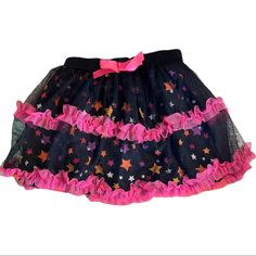 Hello Kitty Perfect For Halloween Time!! Multicolored, Main Colors Black & Pink Black Sheer Overlay With Pink Ruffles Ruffled Skirt With Stars Underneath The Sheer Overlay Brand New, Never Used Nwot Size 3t Cute Black Skirt With Ruffles, Cute Black Party Skirt, Cute Pink Skirt For Playtime, Scene Skirts, Scenecore Clothes, Scene Shirts, Scene Skirt, Scene Clothes, Scene Clothing