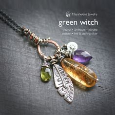 Copper hand forged charm holder with a selection of powerful healing symbolsism and gemstones: tumble polished citrine nugget, faceted amethyst, green peridot, sterling silver leaf with "green witch" inscription and Northern Star seal. It is suspended on 17 in sterling rolo chain that extends to 19 in. You will receive the necklace pictured. READY TYO SHIP Please enter my main store at: �★ http://www.etsy.com/shop/mayahelena ★ Thanks for looking! Witch Talisman, Northern Star, Nugget Necklace, Charm Holder, Crystal Necklaces, Store Ideas, Green Witch, Green Peridot, Rolo Chain