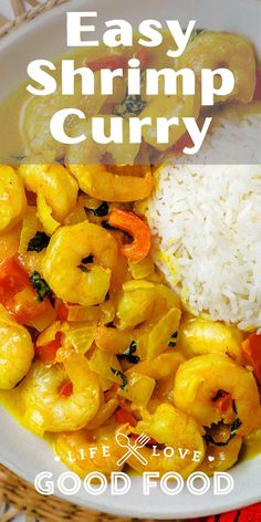 an easy shrimp curry recipe with white rice in a bowl